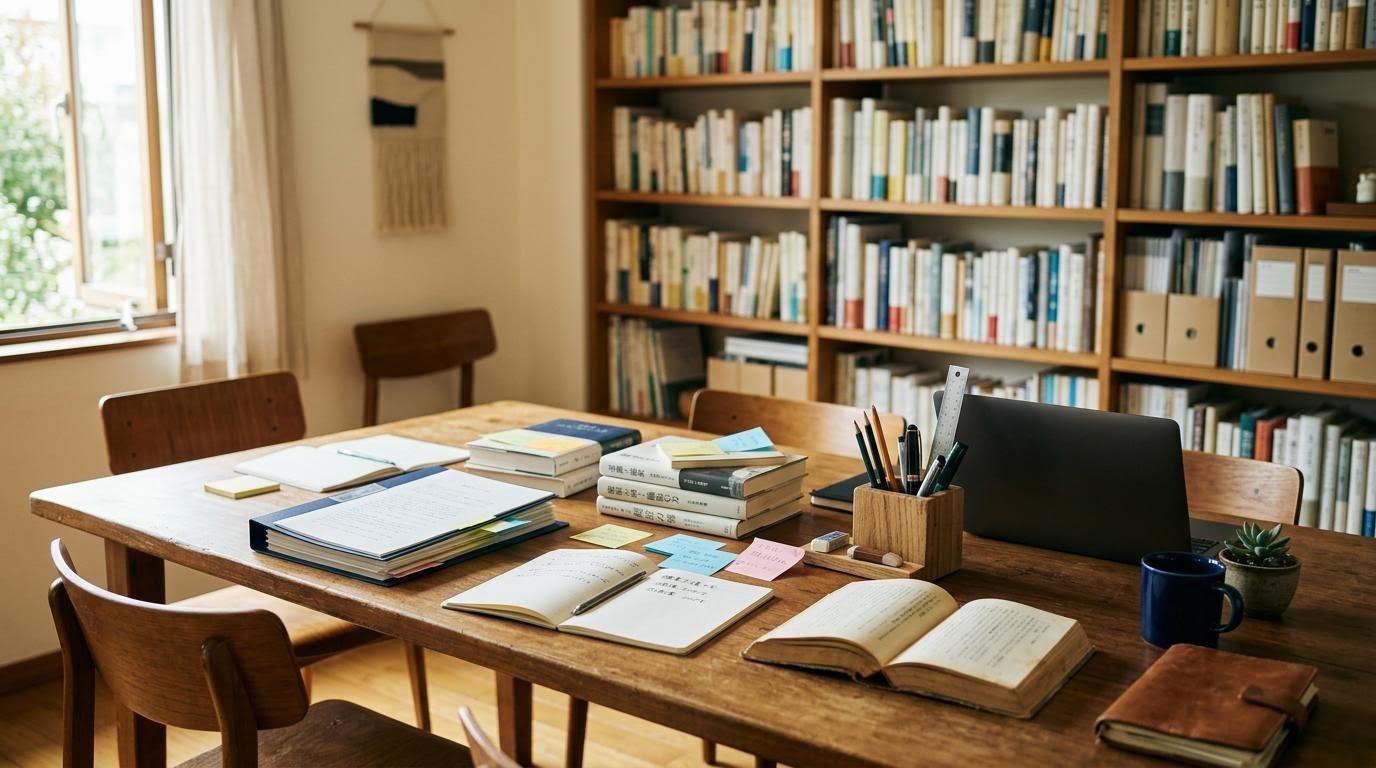 編集部のテーブルに並ぶノート、資料、読みかけの書籍