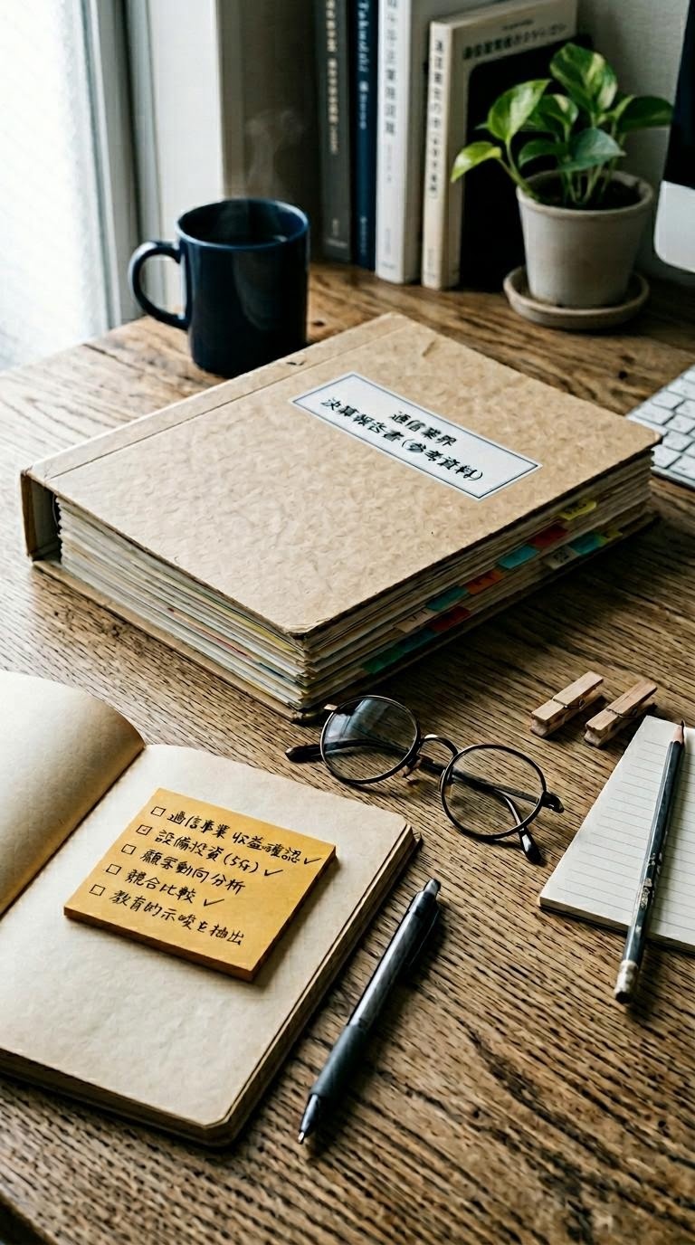 決算資料風バインダーと付箋が並ぶ机上の俯瞰