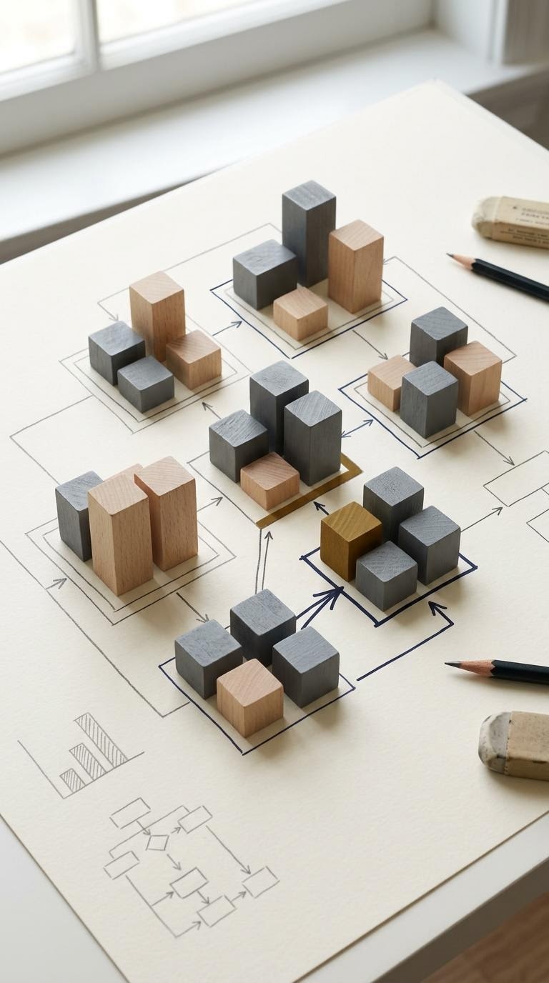 セグメント構造を示す木製ブロックと矢印付箋
