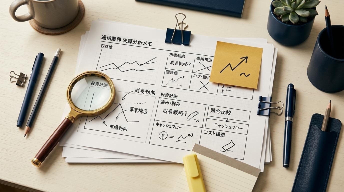 決算資料風バインダーと付箋、マーカー、拡大鏡が整然と配置された机上の俯瞰