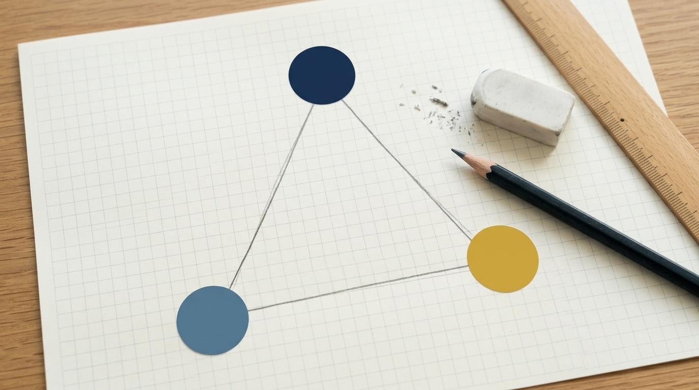 方眼紙上に描かれた三角形の競争構造ダイアグラムと鉛筆・定規