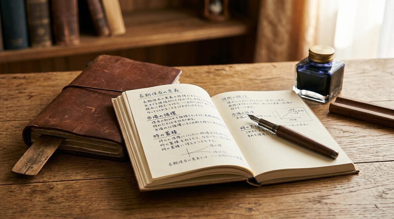 革装丁のノートと万年筆、コンパス、読みかけ書籍が並ぶ長期保有の象徴