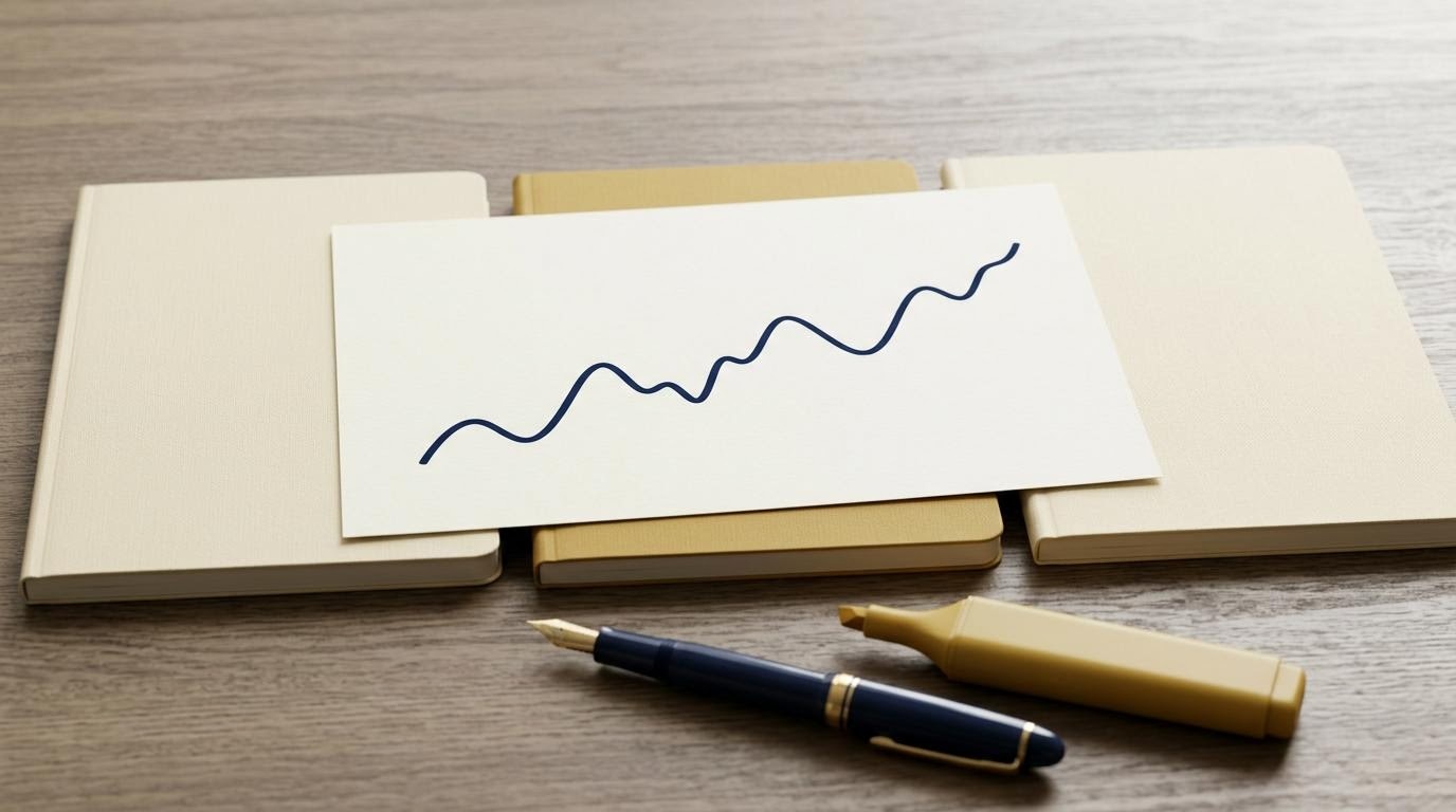 長期推移を象徴する年次ノート、折れ線グラフの紙資料、万年筆が机上に並ぶ俯瞰ショット