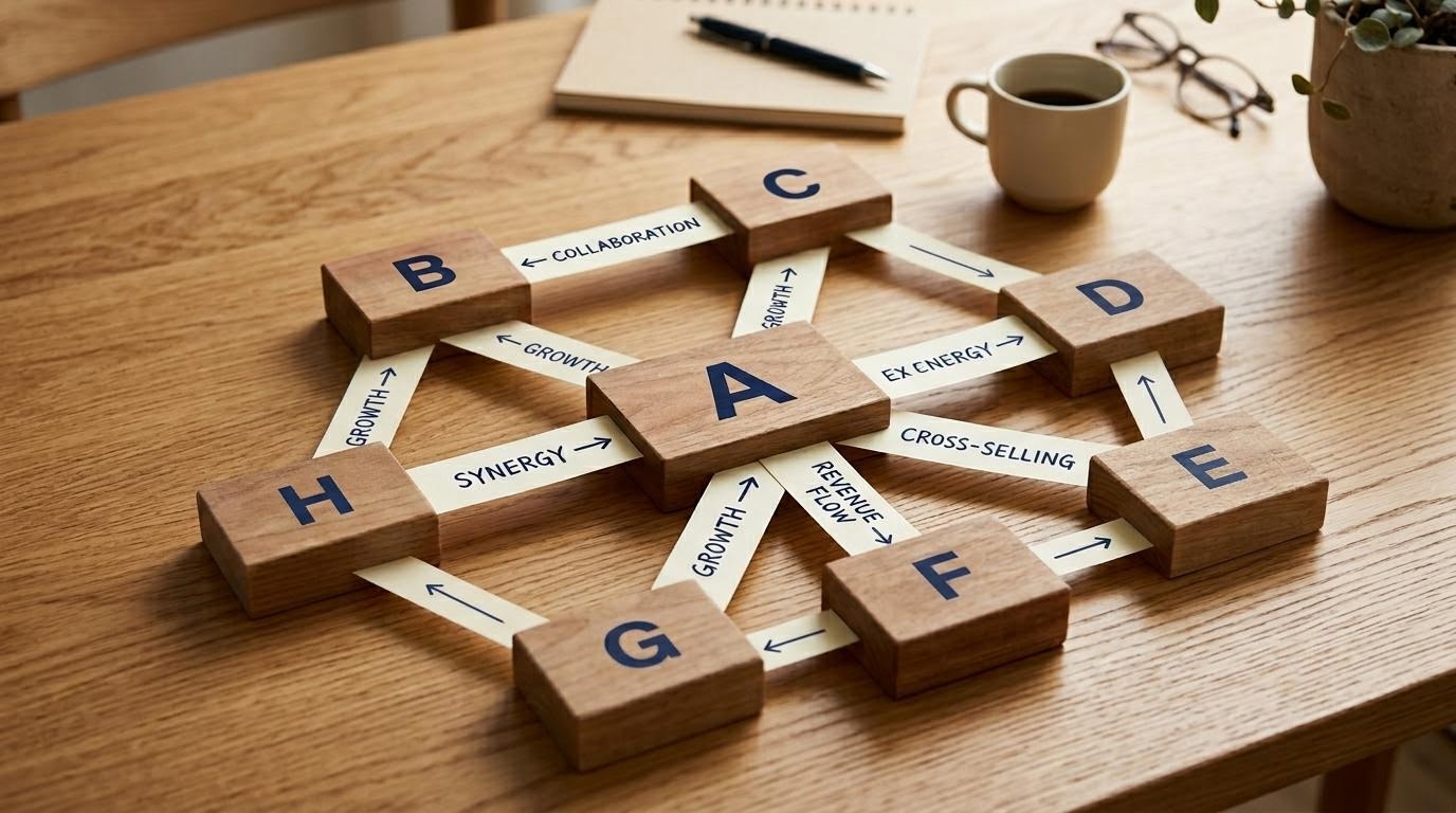 事業セグメント構造を象徴する木製ブロックと矢印付箋の配置