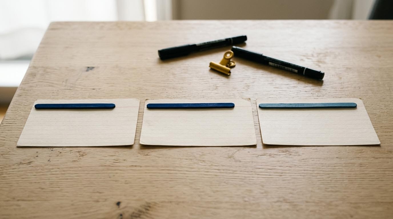 3本の抽象的な棒グラフが並ぶ机上のインデックスカード