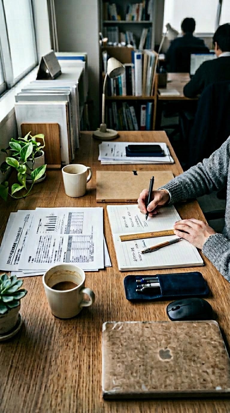 編集部のデスクに並べられた通信セクターの資料、ノート、ペン、コーヒーカップ